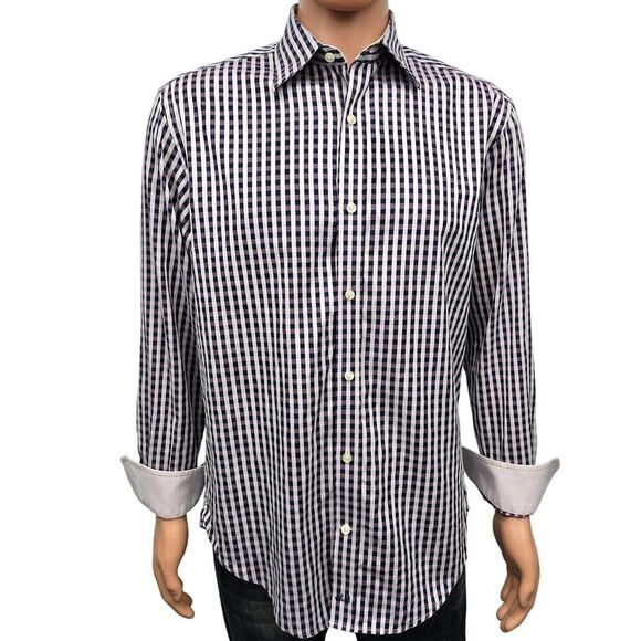 JOHNSTON & MURPHY Dress Shirt Sz M Tailored fit Contrast Flip Cuff Gingham check - Picture 1 of 12